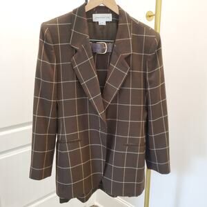 Jones New York Size 10 Women’s Belted Skirt Suit Wool Fully Lined Brown Plaid